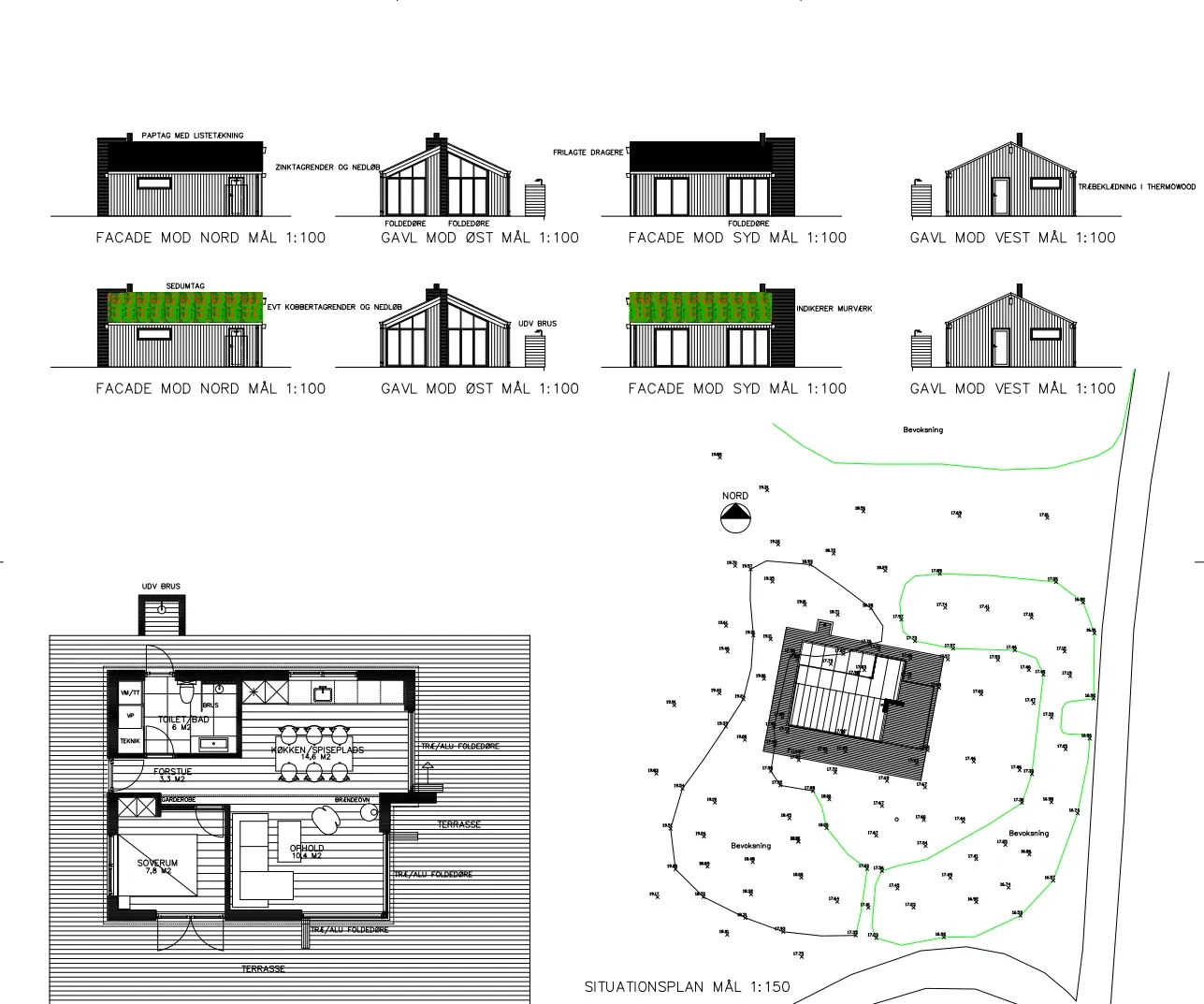 Arkitekttegnet skitseforslag til kompakt 50m² sommerhus — Arkitekttegnestuen Yderskov